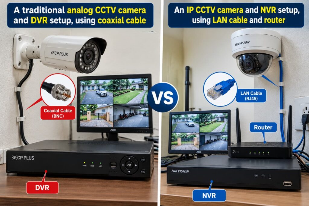 Analog CCTV camera with DVR and coaxial cable setup