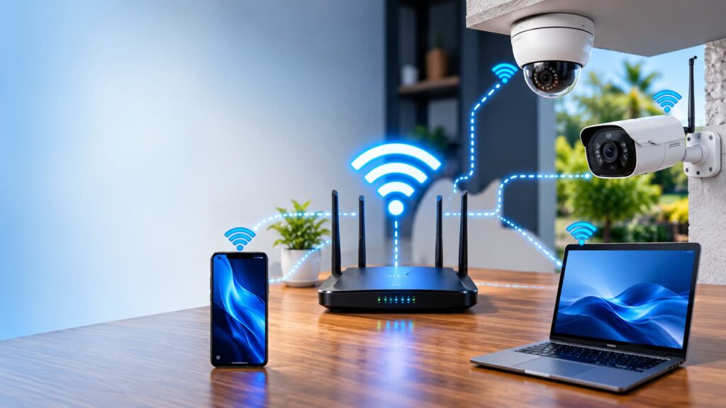 WiFi router setup diagram with mobile laptop CCTV camera